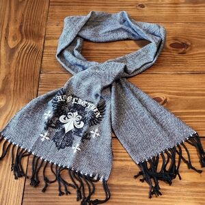 Affliction Black and Gray Herringbone Scarf with Embroidered Fleur-de-Lis